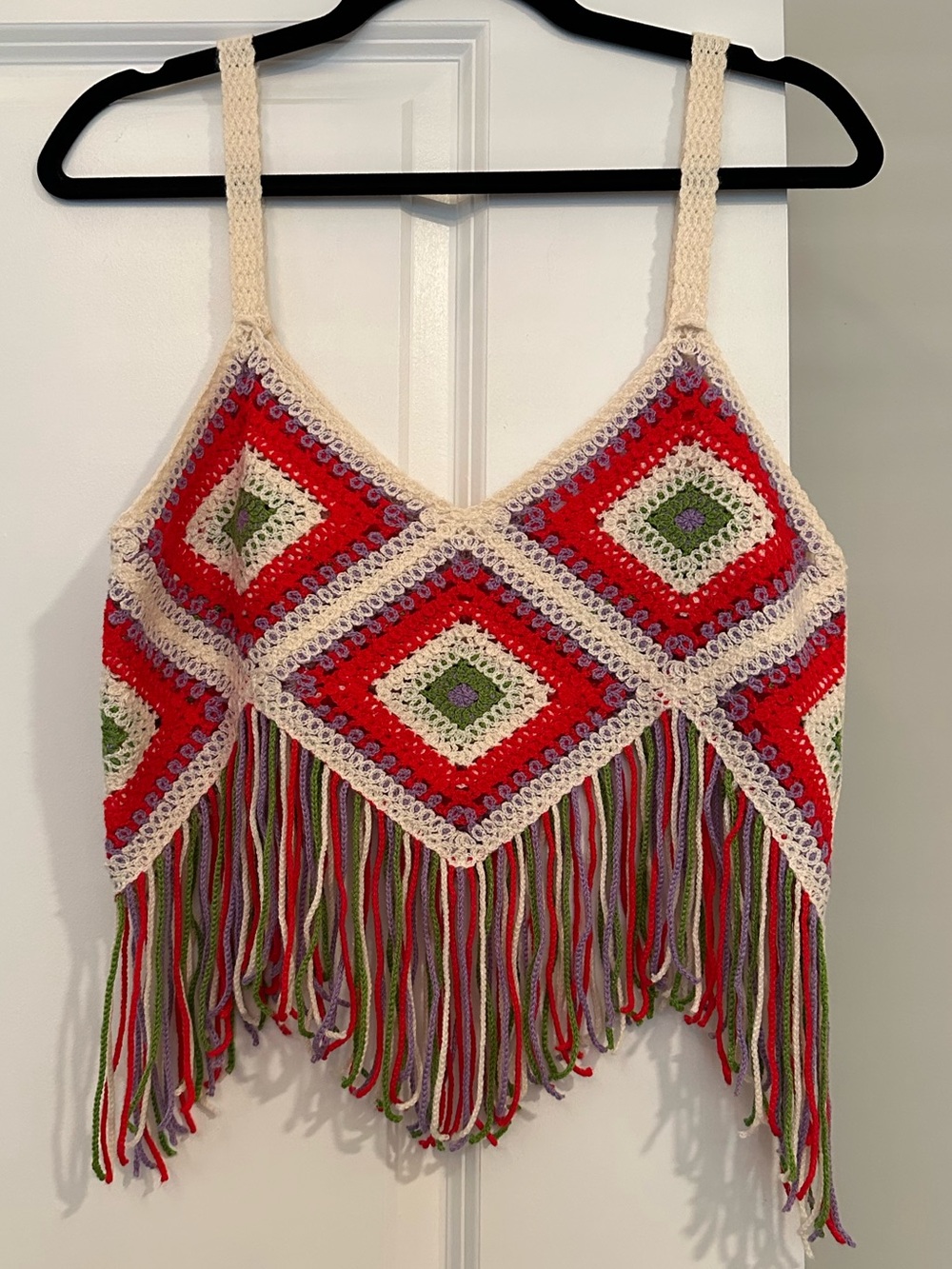 Vestique Boho Crochet Diamond Fringe Crop Top in Red, Cream Purple & Green S/M